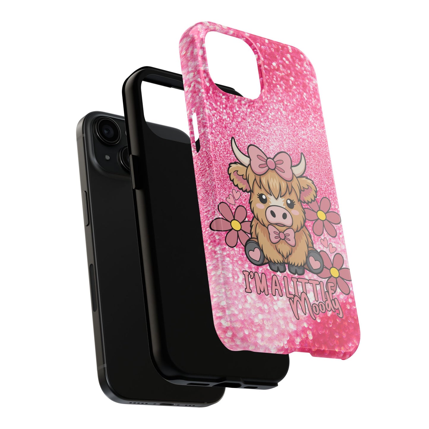 Cute Pink Highland Cow Tough Phone Case — “I’m a Little Moody” Protective iPhone Cover