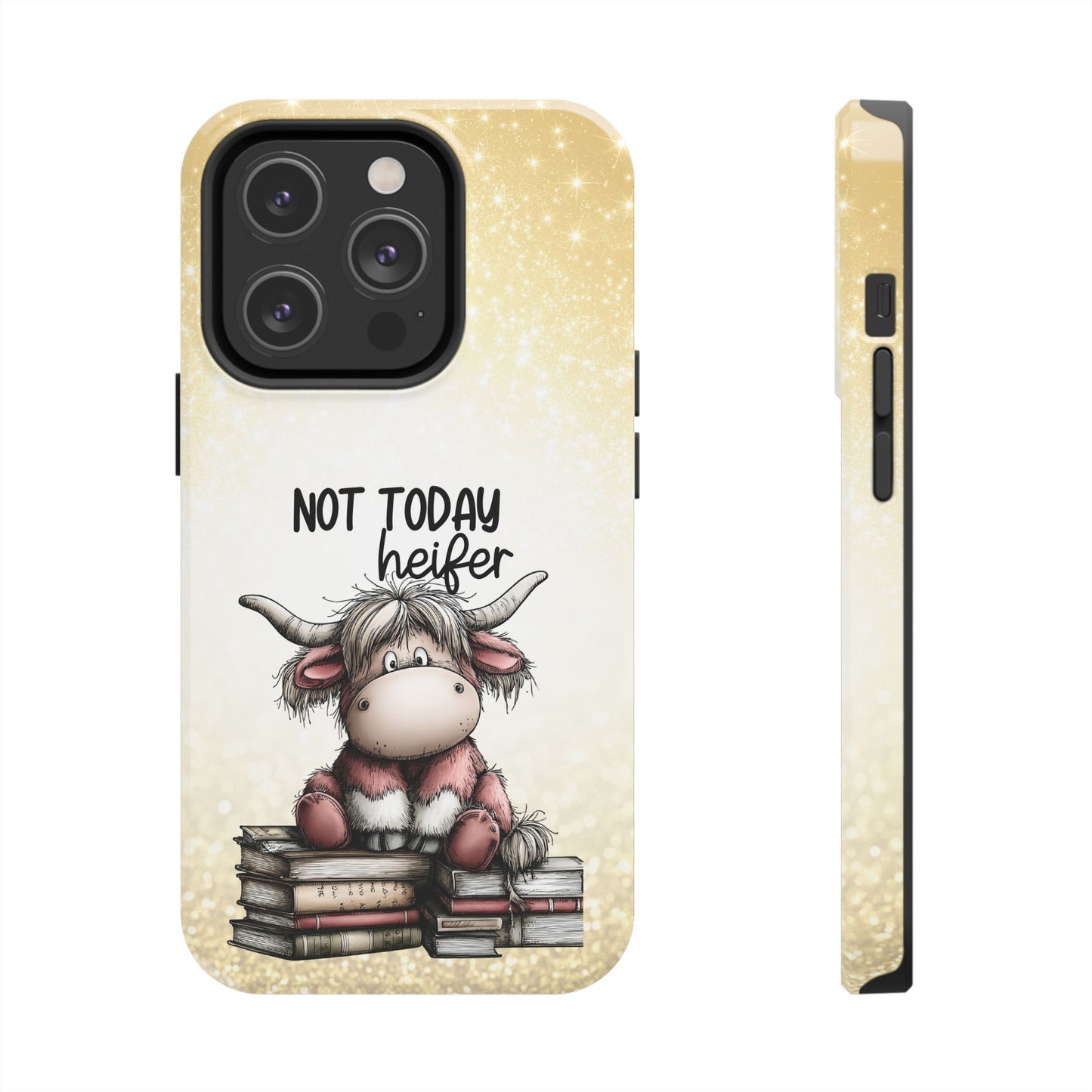 Not Today Heifer Phone Case — Cute Cow Illustration on Glitter Background, Protective Tough Phone Case