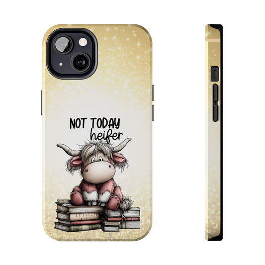 Not Today Heifer Phone Case — Cute Cow Illustration on Glitter Background, Protective Tough Phone Case