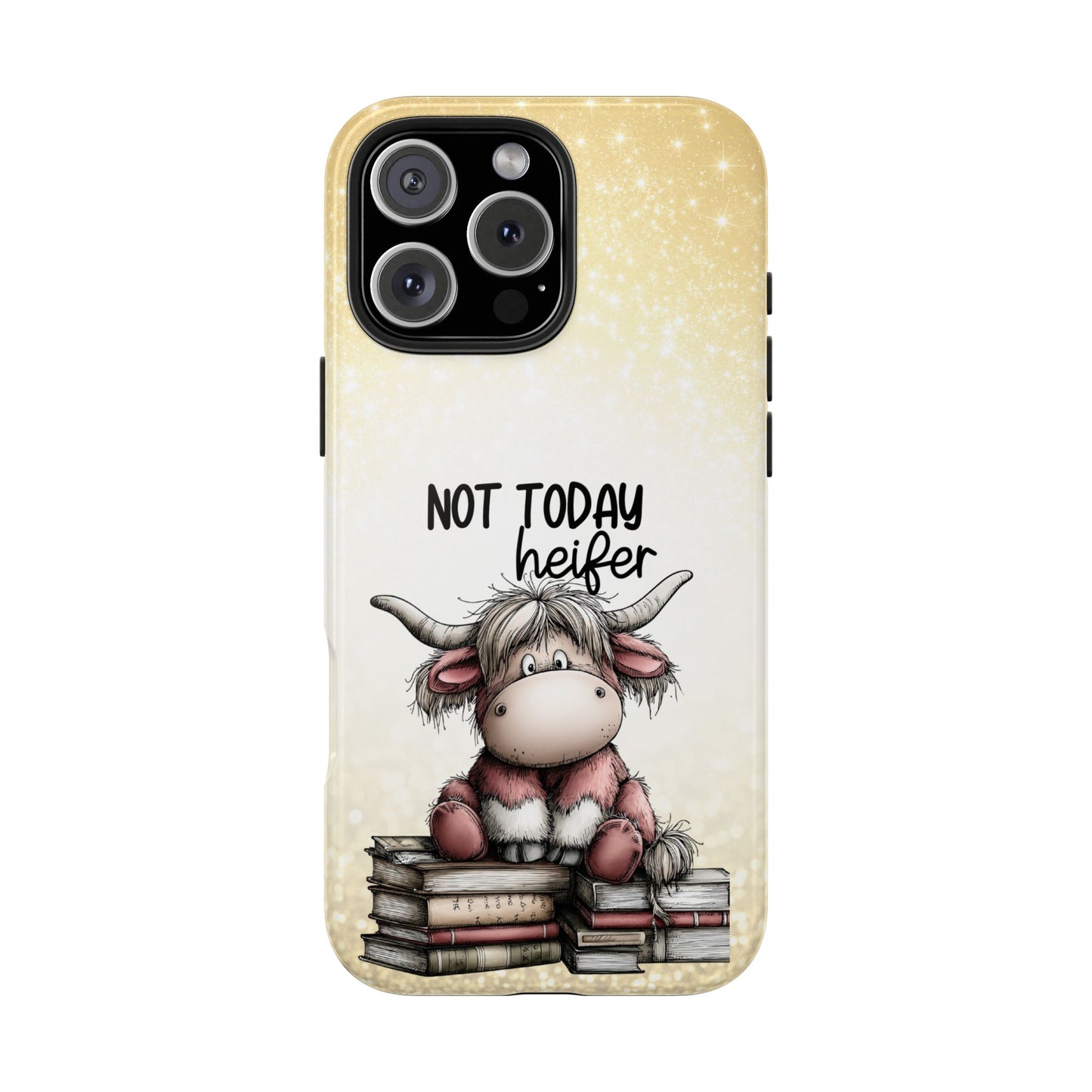 Not Today Heifer Phone Case — Cute Cow Illustration on Glitter Background, Protective Tough Phone Case