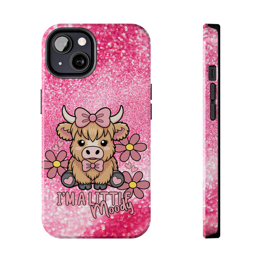 Cute Pink Highland Cow Tough Phone Case — “I’m a Little Moody” Protective iPhone Cover