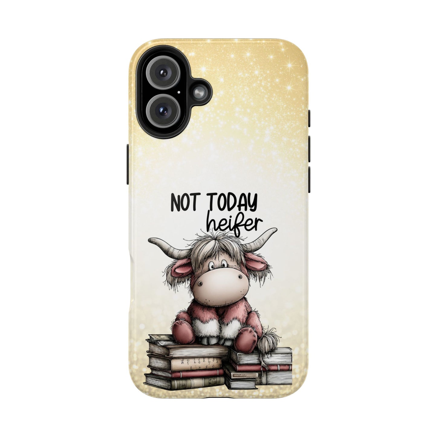 Not Today Heifer Phone Case — Cute Cow Illustration on Glitter Background, Protective Tough Phone Case