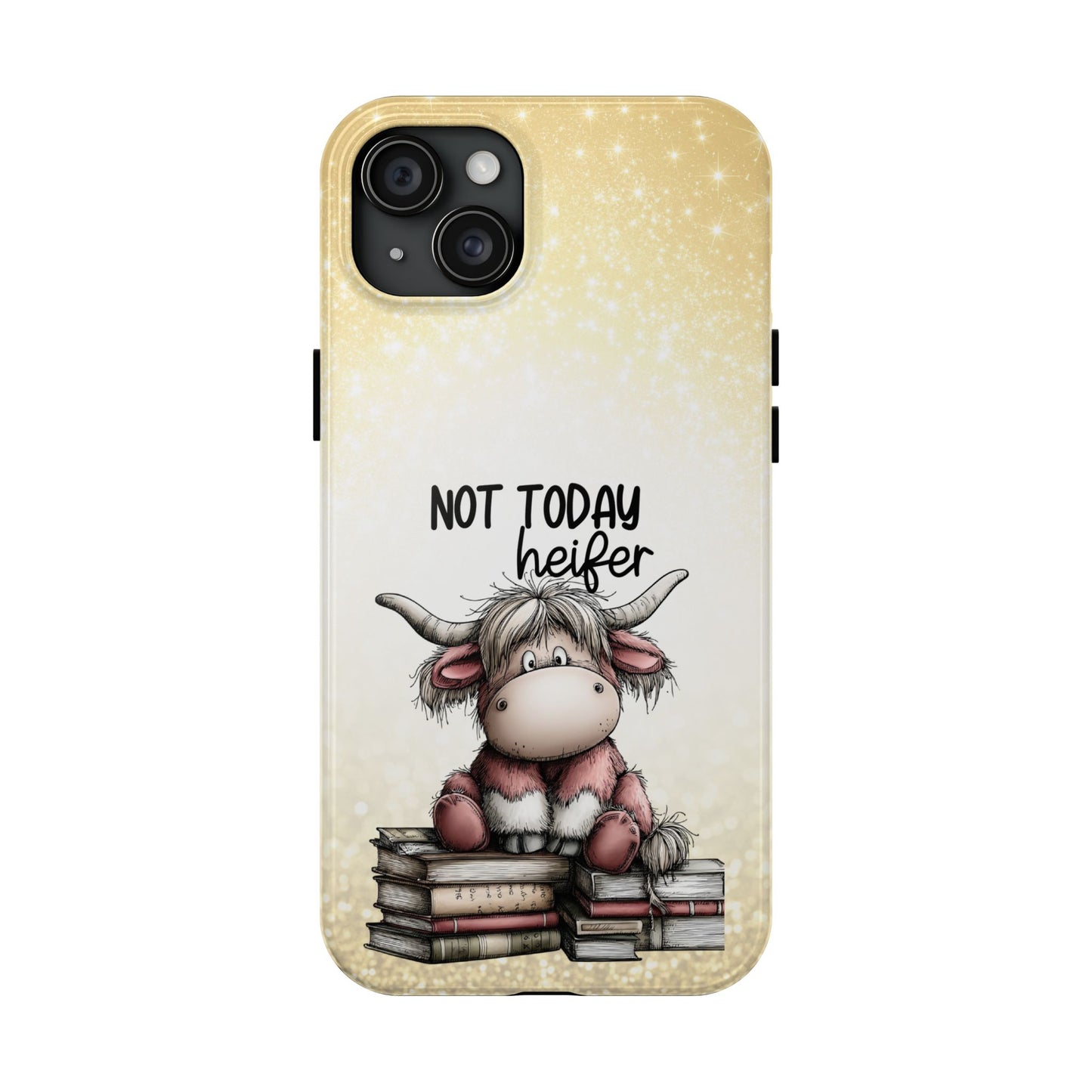 Not Today Heifer Phone Case — Cute Cow Illustration on Glitter Background, Protective Tough Phone Case