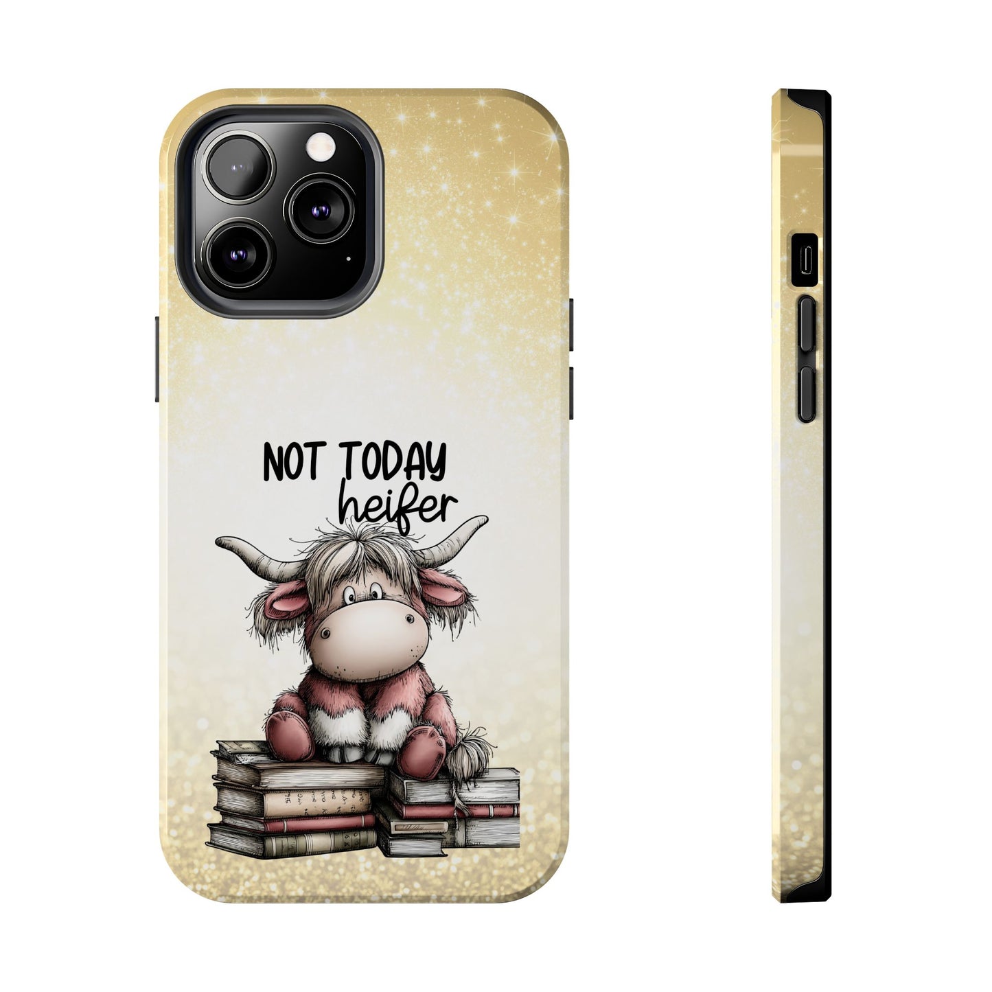 Not Today Heifer Phone Case — Cute Cow Illustration on Glitter Background, Protective Tough Phone Case