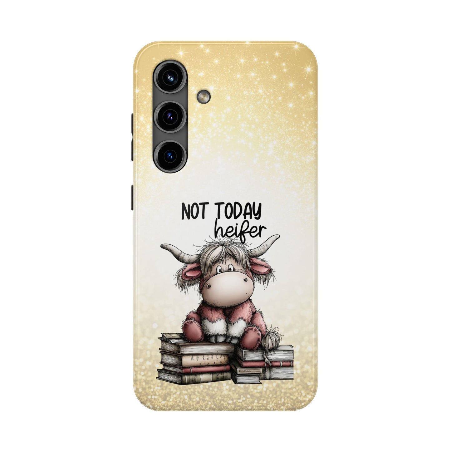 Not Today Heifer Phone Case — Cute Cow Illustration on Glitter Background, Protective Tough Phone Case