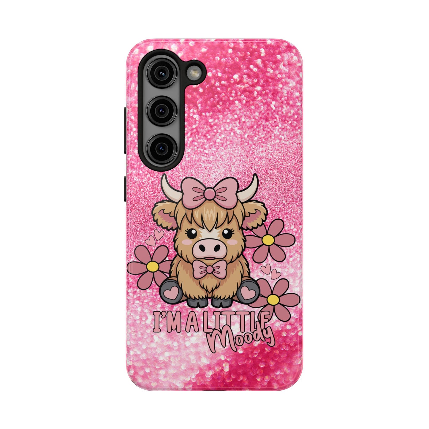 Cute Pink Highland Cow Tough Phone Case — “I’m a Little Moody” Protective iPhone Cover