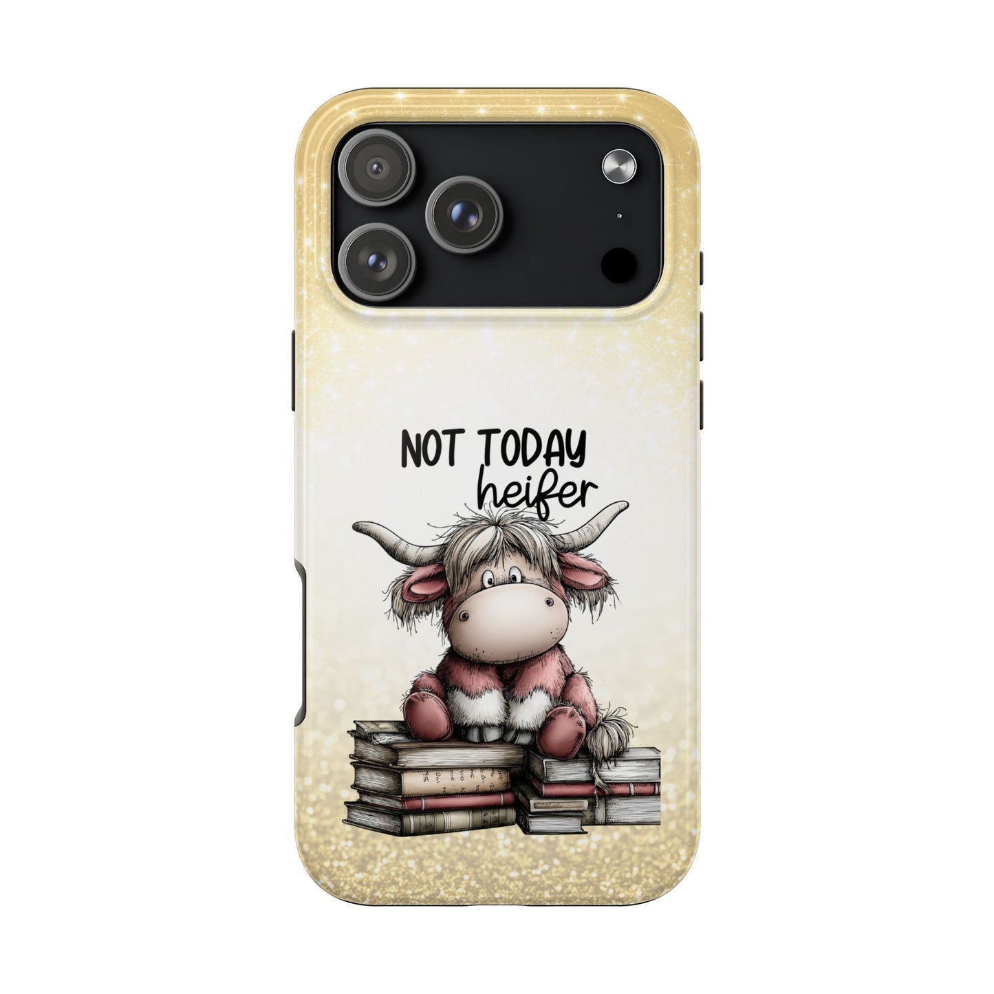 Not Today Heifer Phone Case — Cute Cow Illustration on Glitter Background, Protective Tough Phone Case