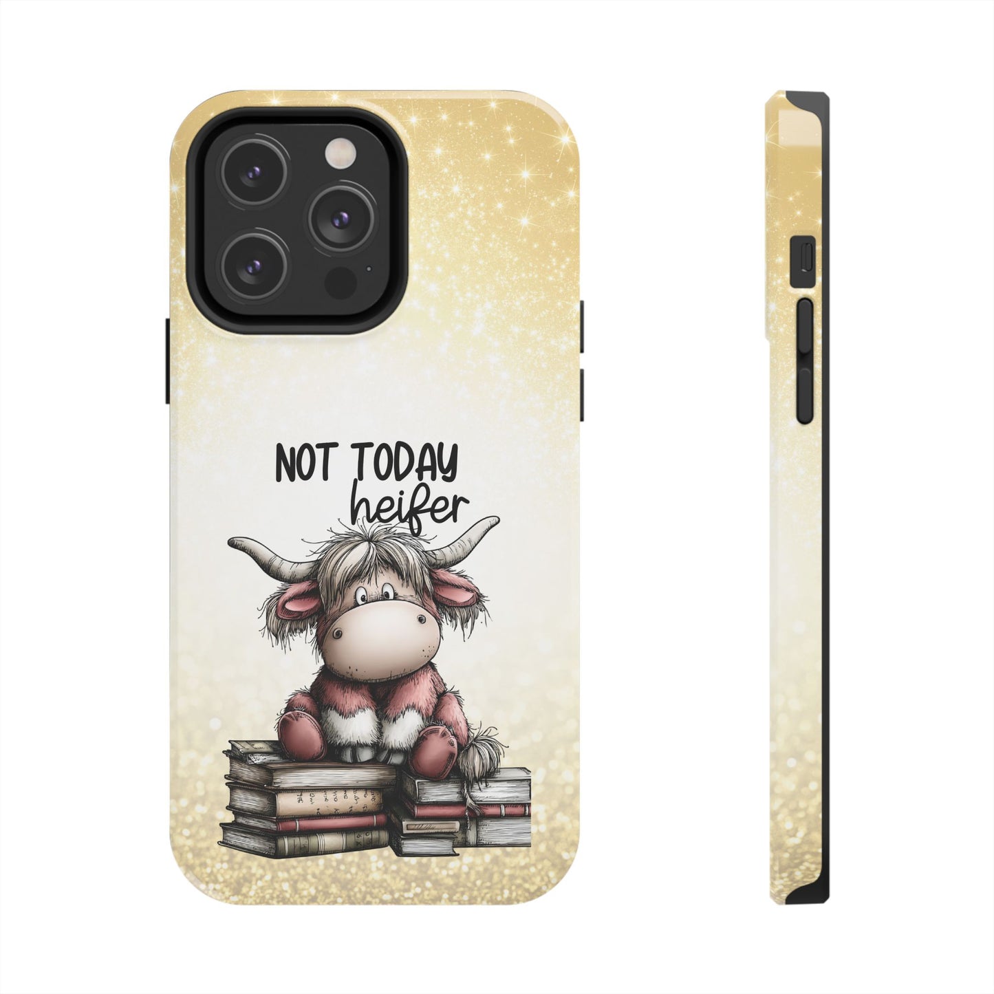 Not Today Heifer Phone Case — Cute Cow Illustration on Glitter Background, Protective Tough Phone Case