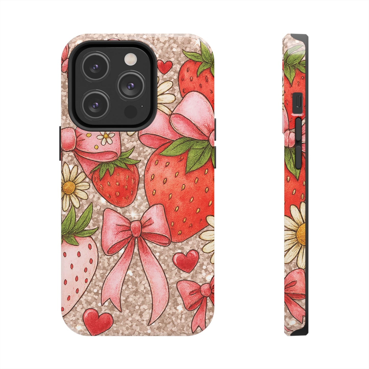 Strawberry Bow Tough Phone Case — Cute Floral Hearts iPhone Protector