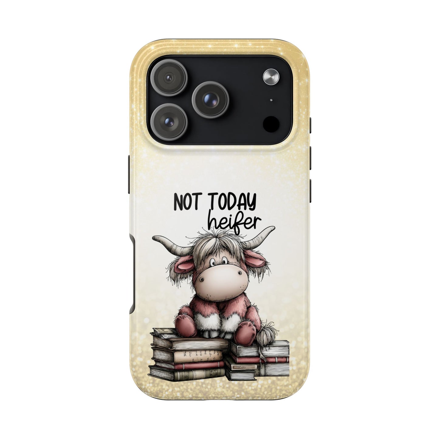 Not Today Heifer Phone Case — Cute Cow Illustration on Glitter Background, Protective Tough Phone Case