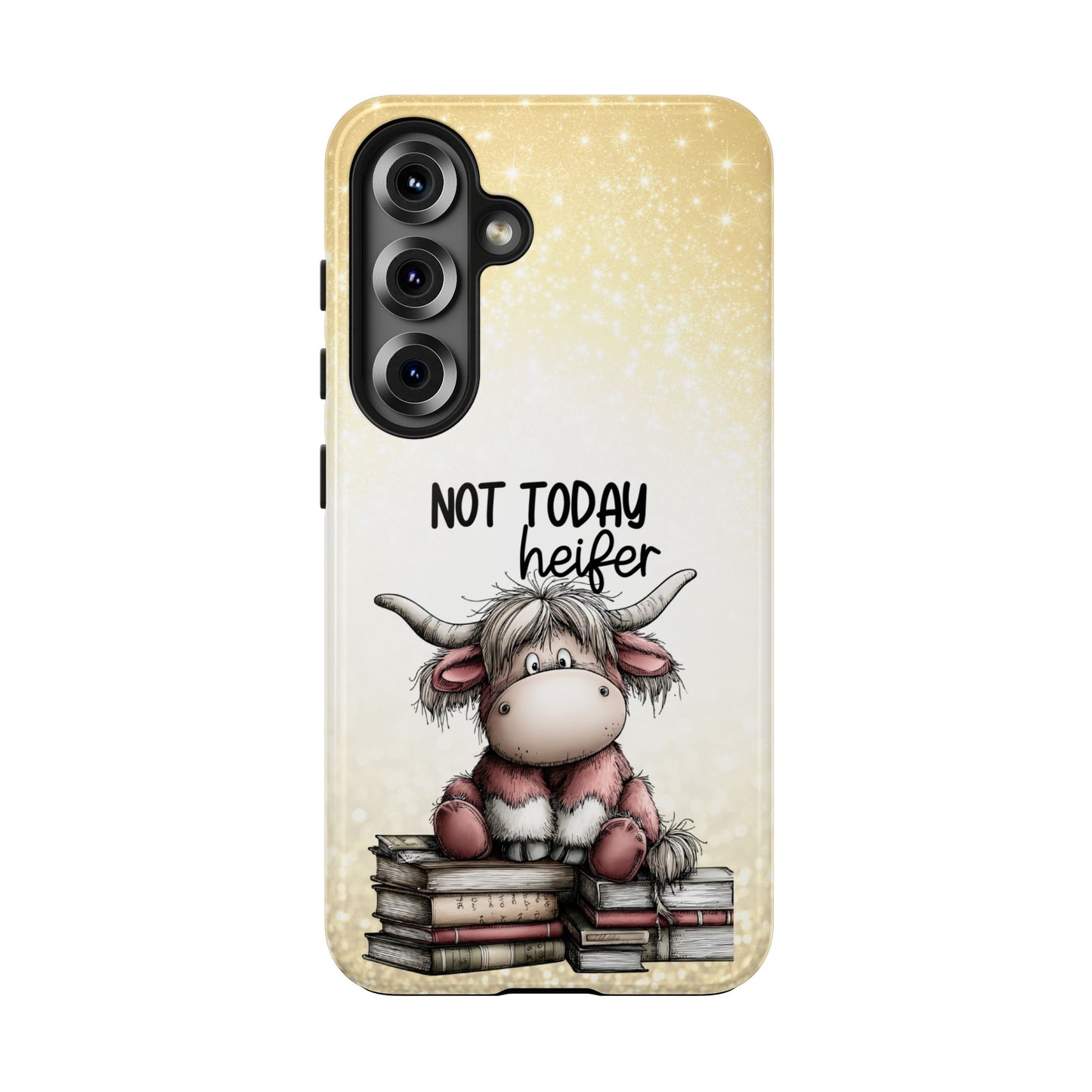 Not Today Heifer Phone Case — Cute Cow Illustration on Glitter Background, Protective Tough Phone Case
