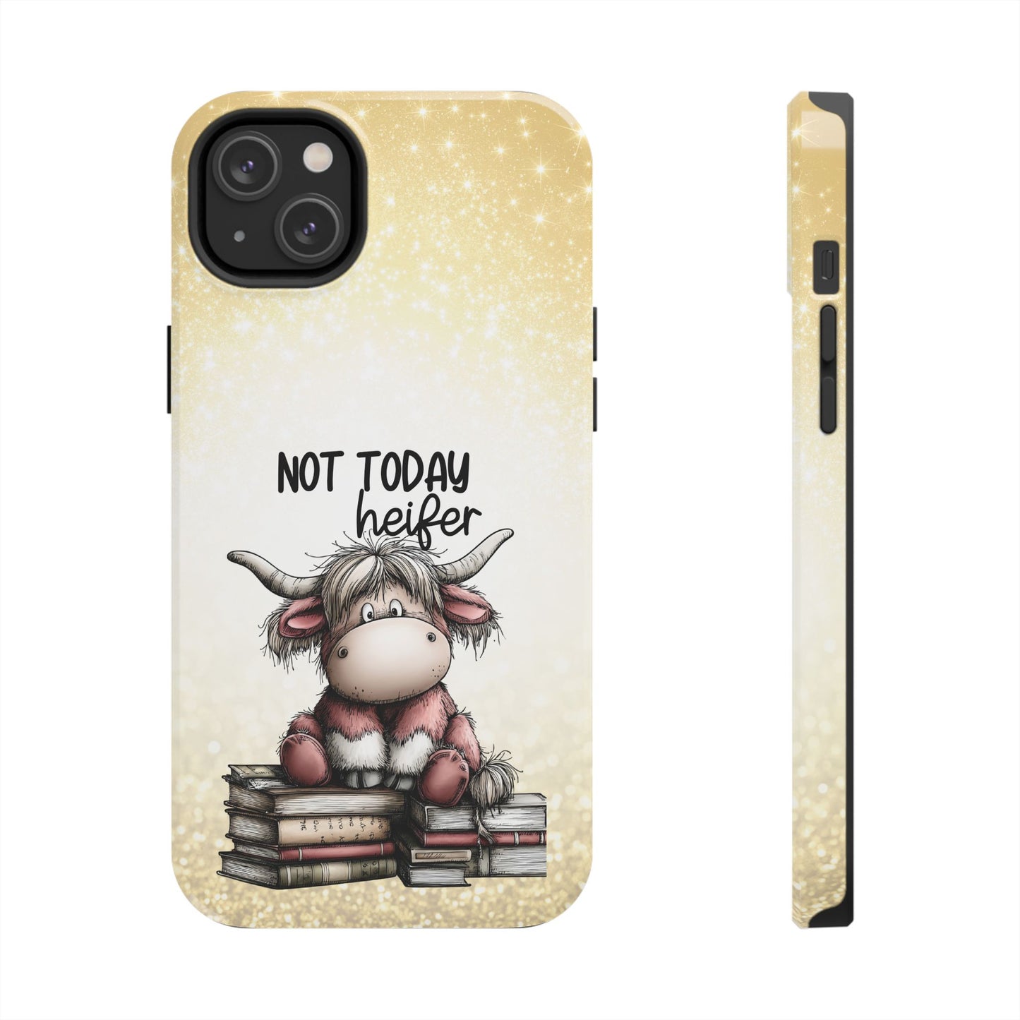 Not Today Heifer Phone Case — Cute Cow Illustration on Glitter Background, Protective Tough Phone Case