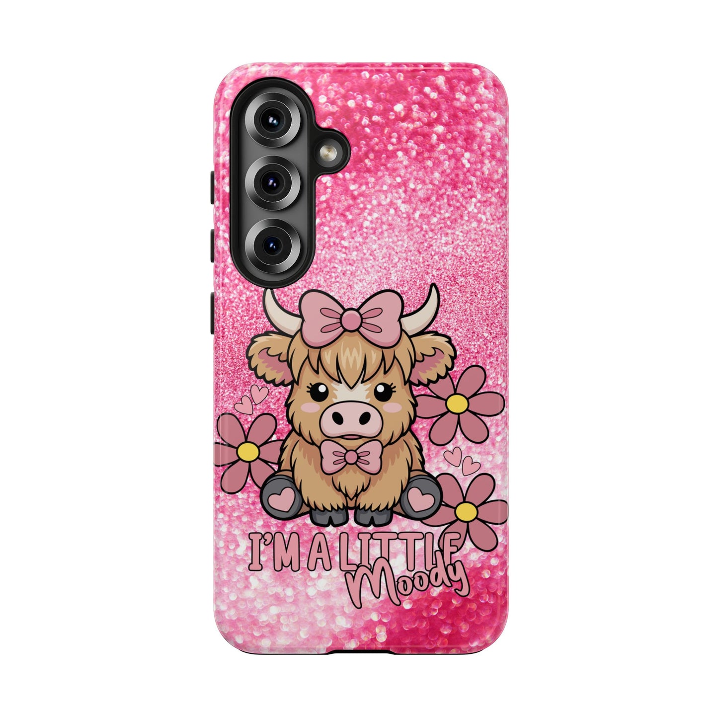 Cute Pink Highland Cow Tough Phone Case — “I’m a Little Moody” Protective iPhone Cover
