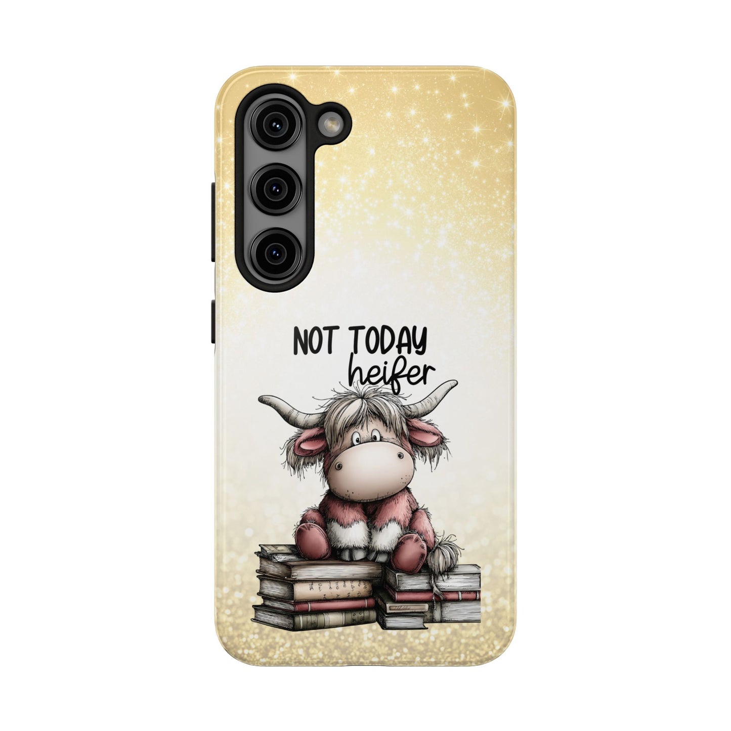 Not Today Heifer Phone Case — Cute Cow Illustration on Glitter Background, Protective Tough Phone Case