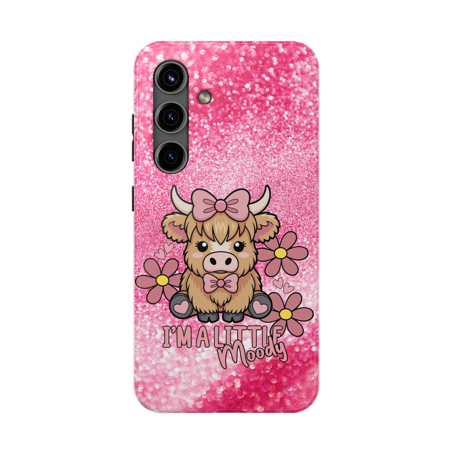 Cute Pink Highland Cow Tough Phone Case — “I’m a Little Moody” Protective iPhone Cover