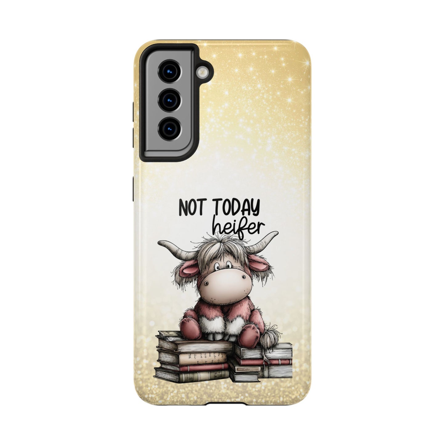 Not Today Heifer Phone Case — Cute Cow Illustration on Glitter Background, Protective Tough Phone Case