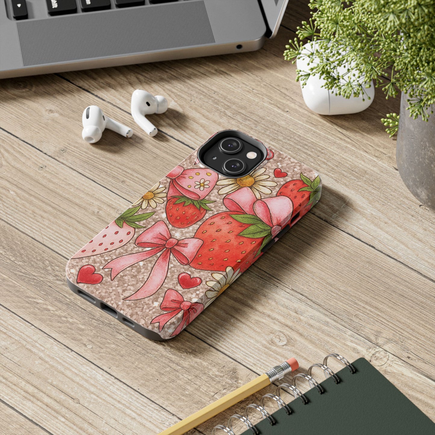 Strawberry Bow Tough Phone Case — Cute Floral Hearts iPhone Protector