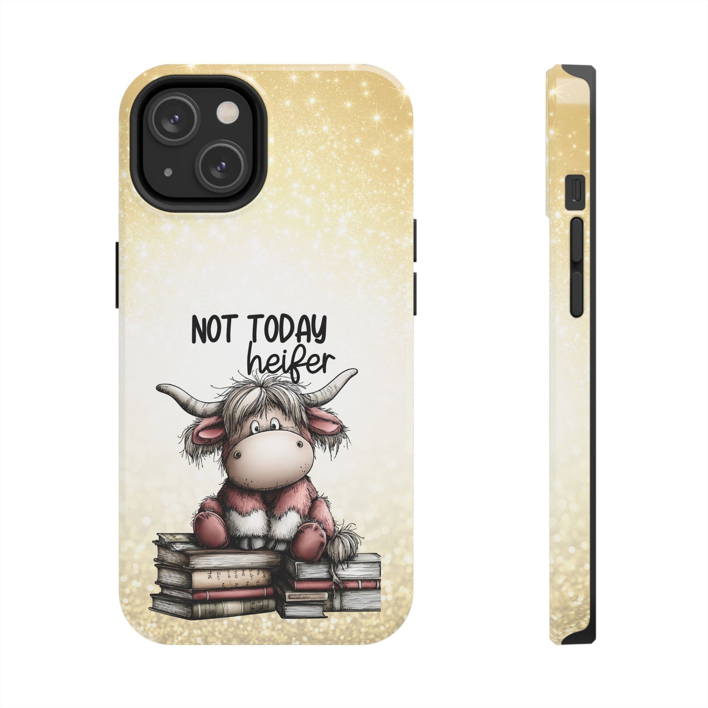 Not Today Heifer Phone Case — Cute Cow Illustration on Glitter Background, Protective Tough Phone Case