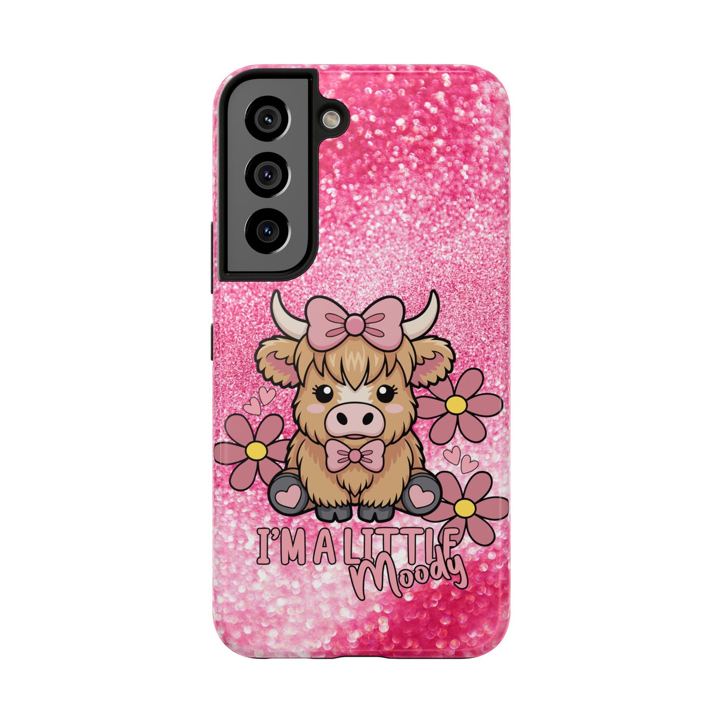 Cute Pink Highland Cow Tough Phone Case — “I’m a Little Moody” Protective iPhone Cover
