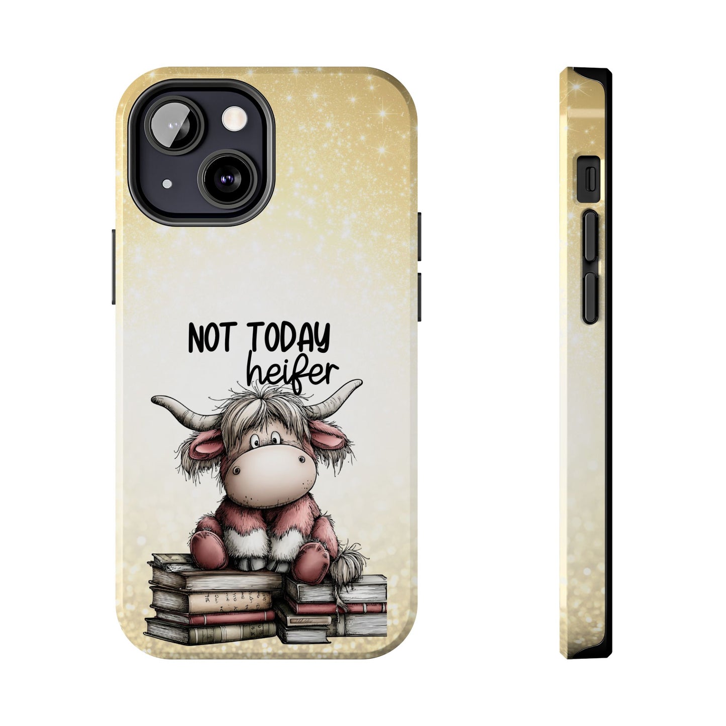 Not Today Heifer Phone Case — Cute Cow Illustration on Glitter Background, Protective Tough Phone Case