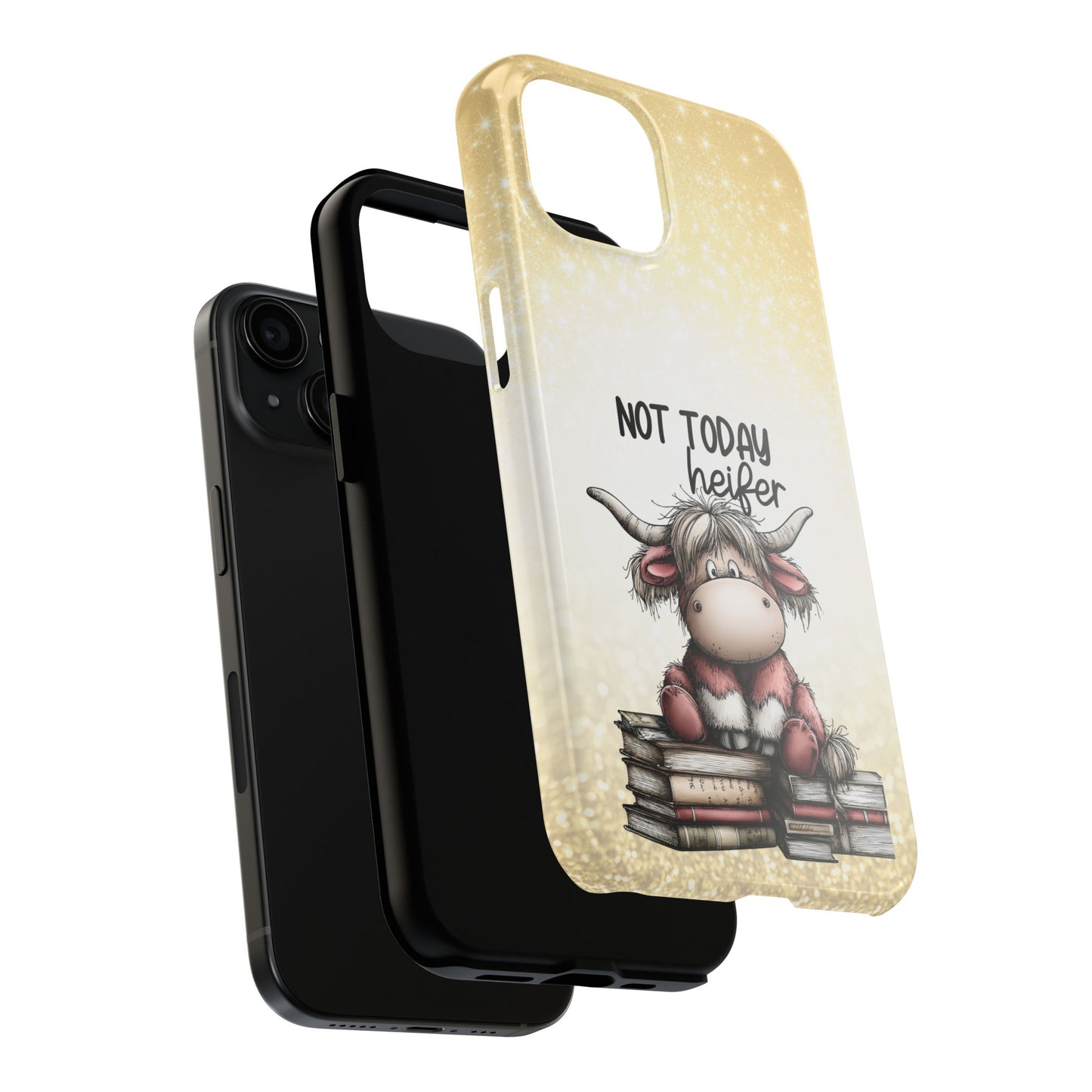 Not Today Heifer Phone Case — Cute Cow Illustration on Glitter Background, Protective Tough Phone Case