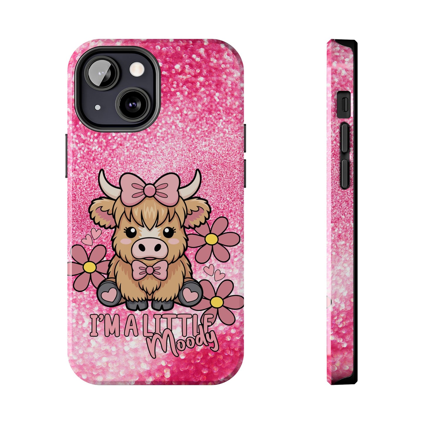Cute Pink Highland Cow Tough Phone Case — “I’m a Little Moody” Protective iPhone Cover