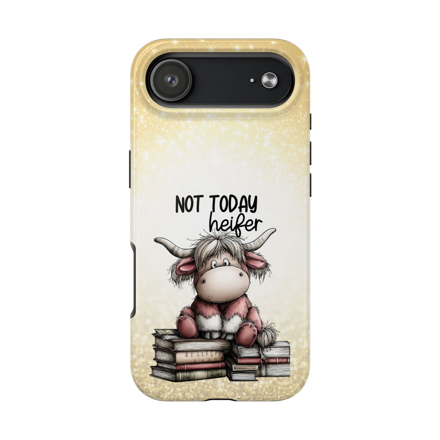 Not Today Heifer Phone Case — Cute Cow Illustration on Glitter Background, Protective Tough Phone Case