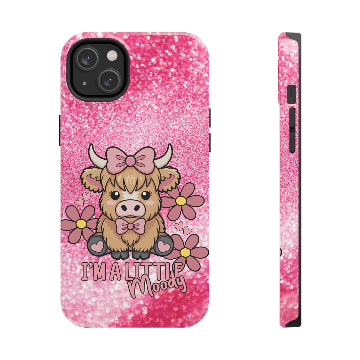Cute Pink Highland Cow Tough Phone Case — “I’m a Little Moody” Protective iPhone Cover