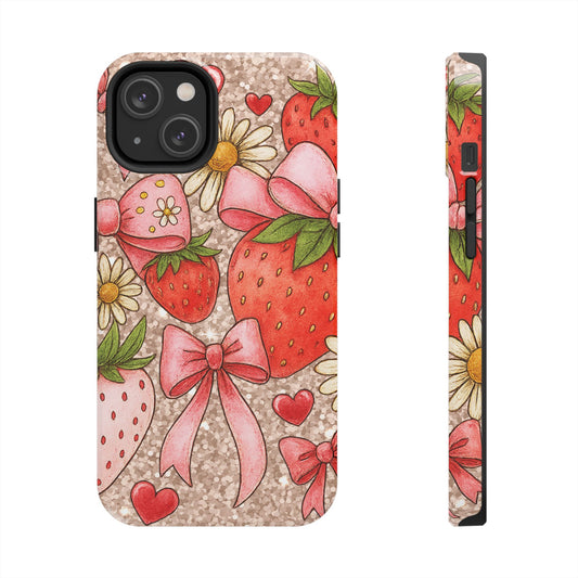 Strawberry Bow Tough Phone Case — Cute Floral Hearts iPhone Protector