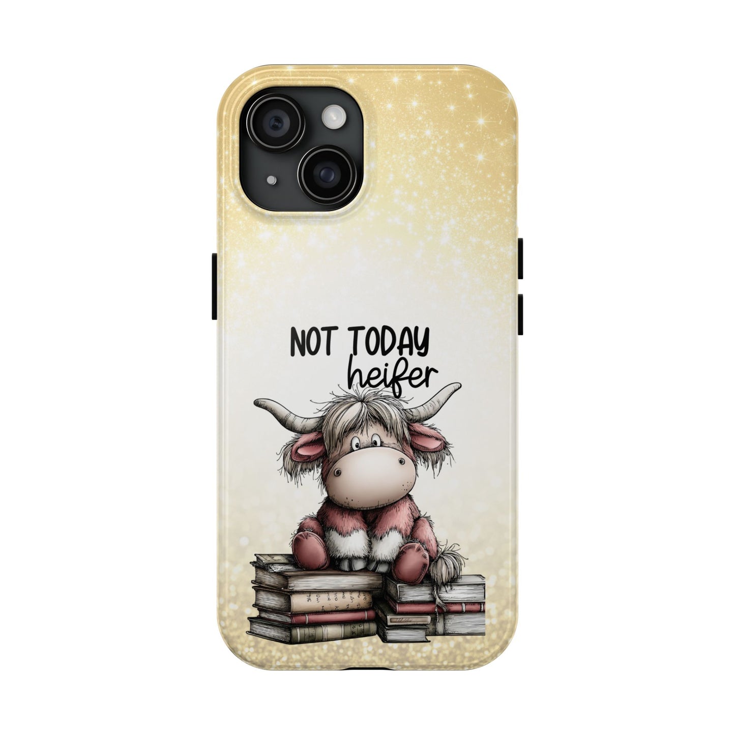 Not Today Heifer Phone Case — Cute Cow Illustration on Glitter Background, Protective Tough Phone Case