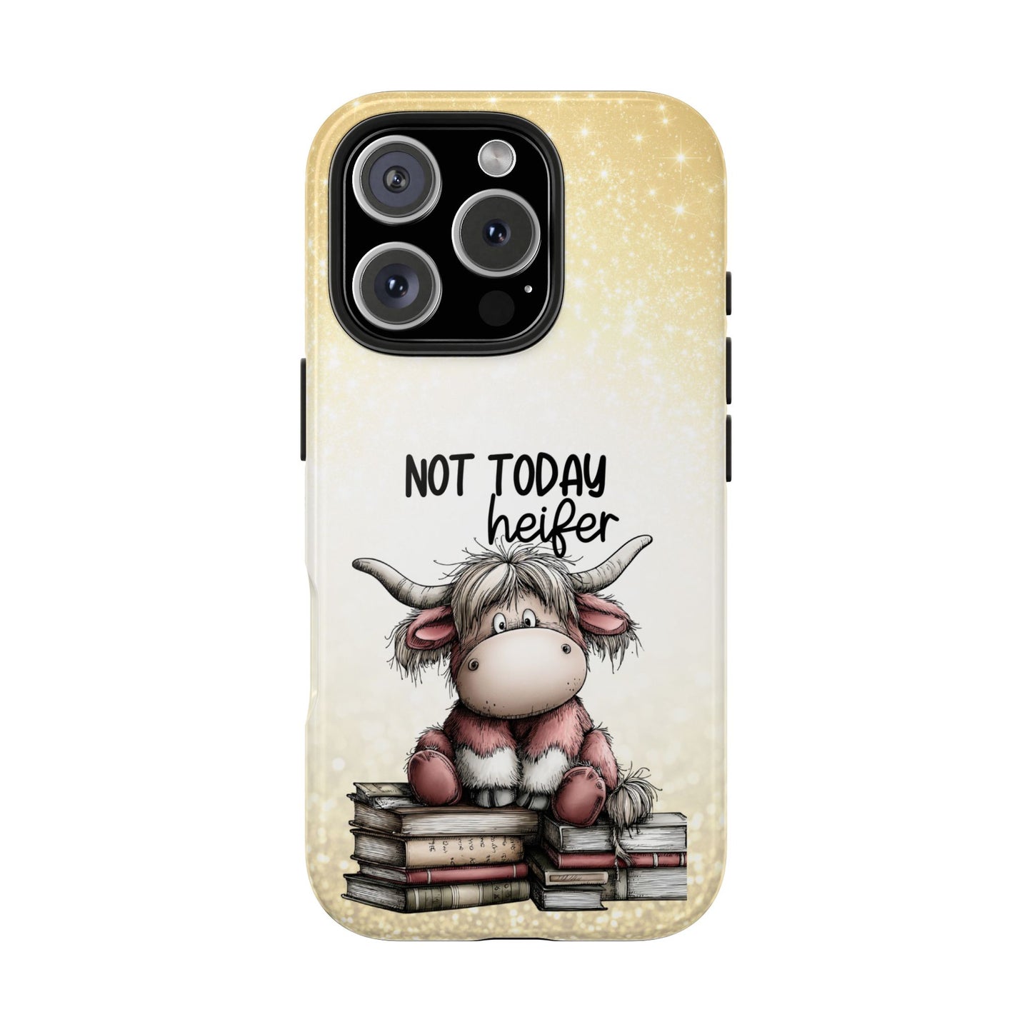 Not Today Heifer Phone Case — Cute Cow Illustration on Glitter Background, Protective Tough Phone Case