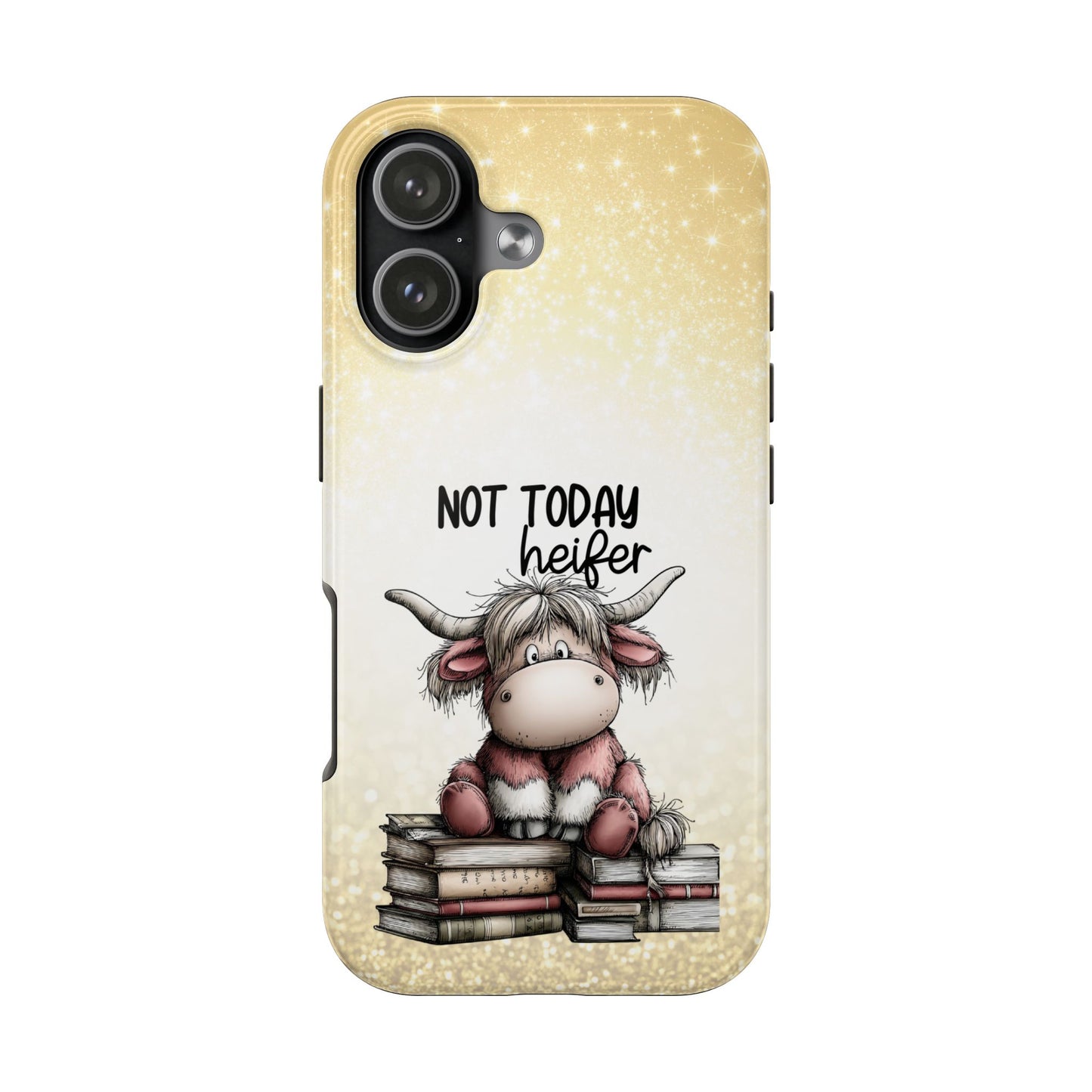 Not Today Heifer Phone Case — Cute Cow Illustration on Glitter Background, Protective Tough Phone Case
