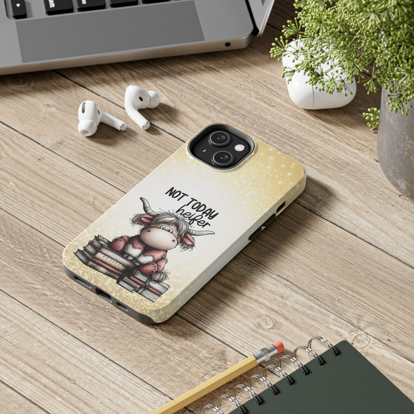 Not Today Heifer Phone Case — Cute Cow Illustration on Glitter Background, Protective Tough Phone Case
