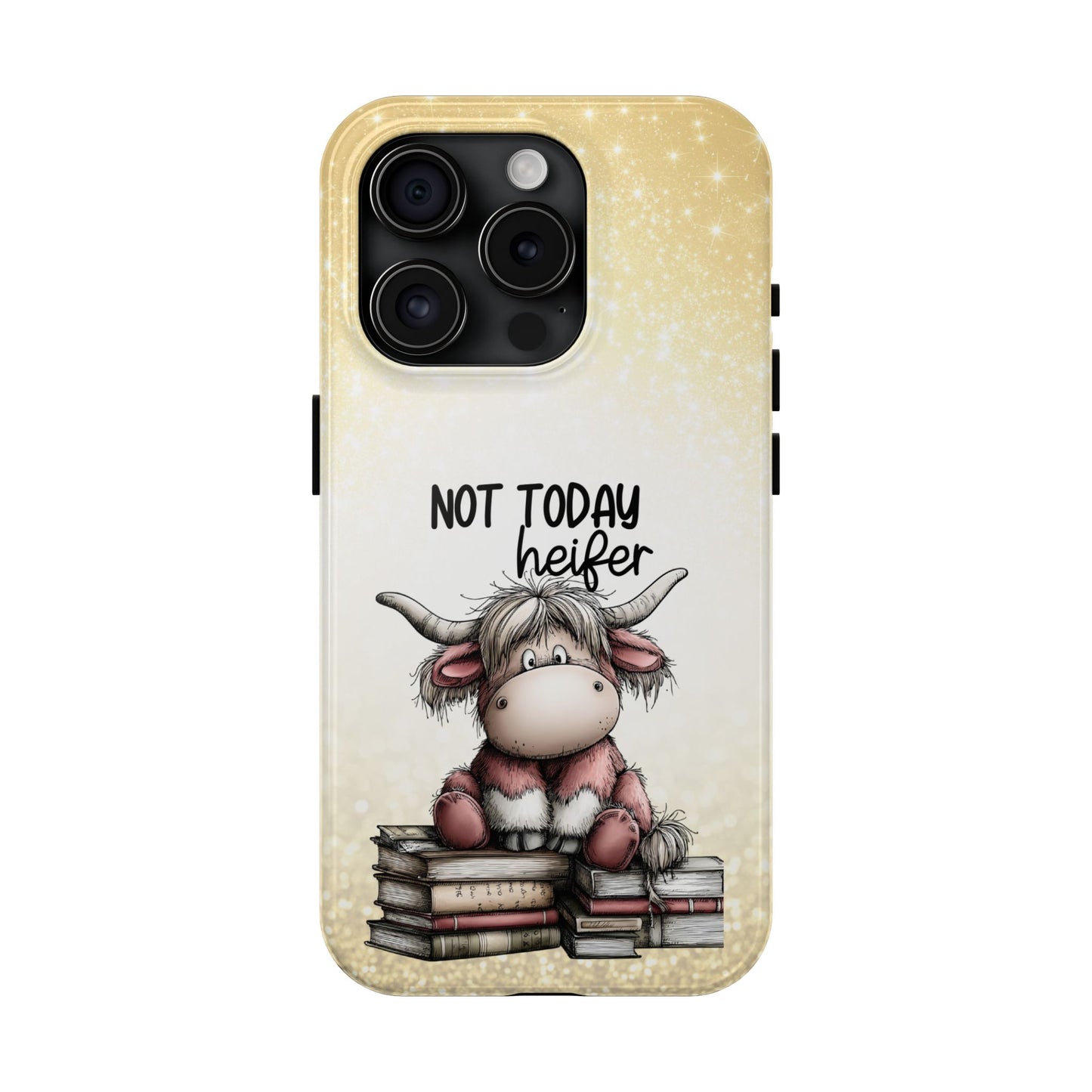 Not Today Heifer Phone Case — Cute Cow Illustration on Glitter Background, Protective Tough Phone Case