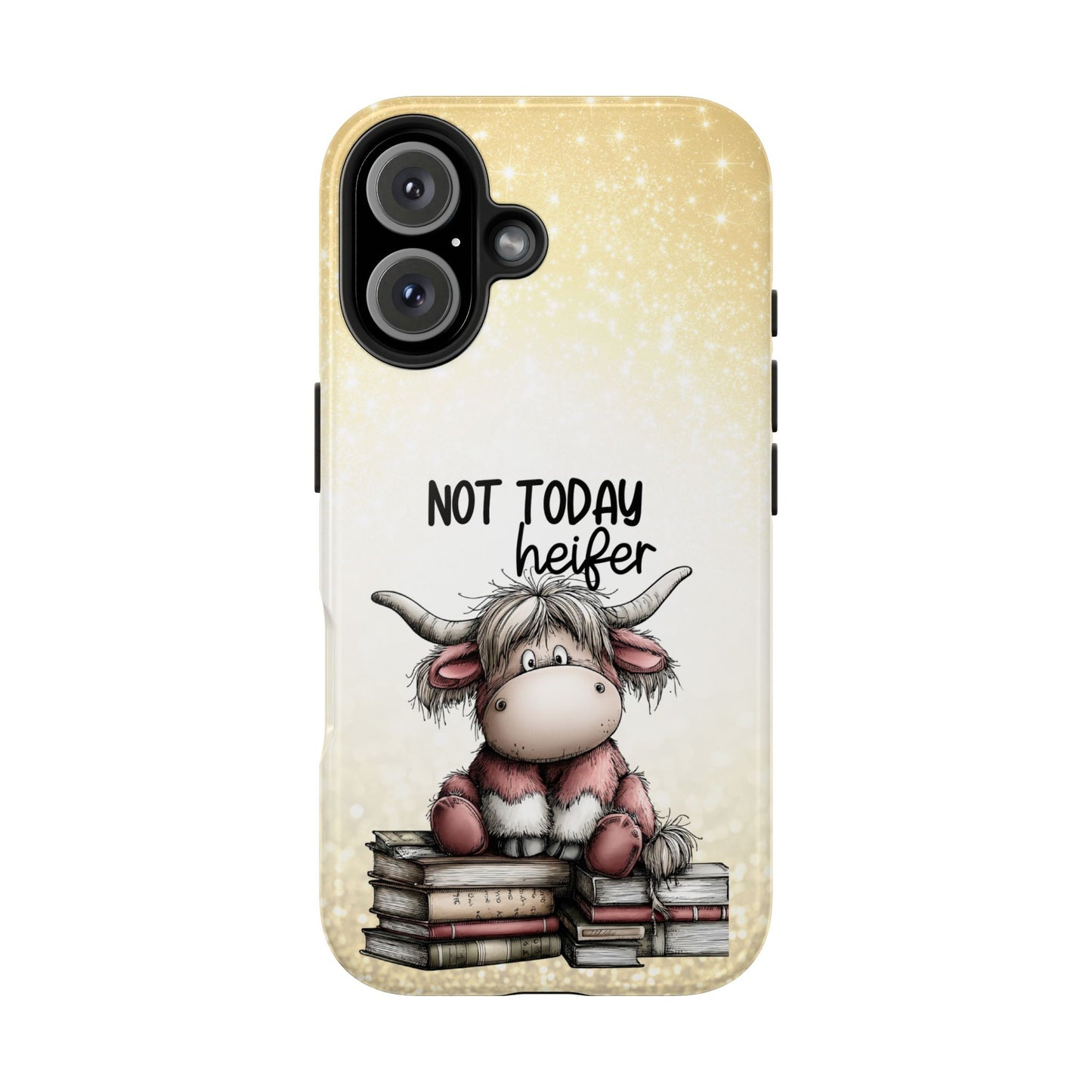 Not Today Heifer Phone Case — Cute Cow Illustration on Glitter Background, Protective Tough Phone Case