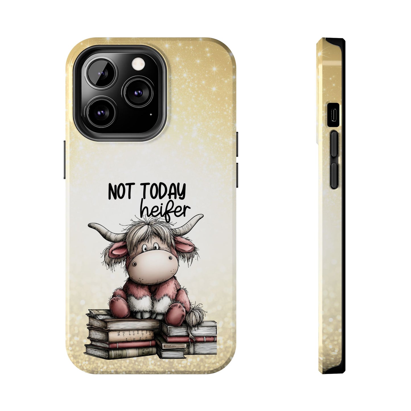 Not Today Heifer Phone Case — Cute Cow Illustration on Glitter Background, Protective Tough Phone Case
